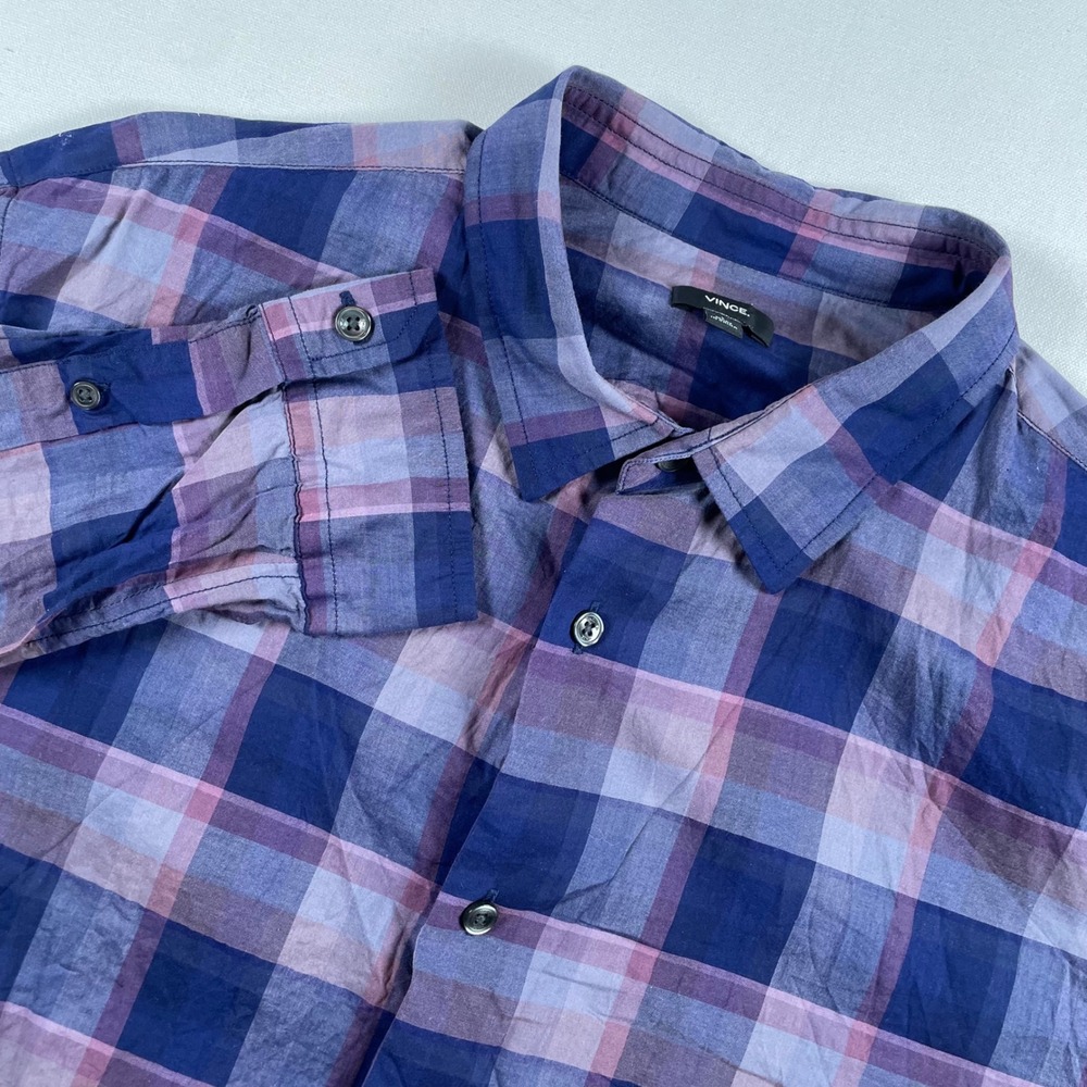 Vince Mens Large Plaid Long Sleeve Button‎ Down Shirt Purple Blue Cotton
